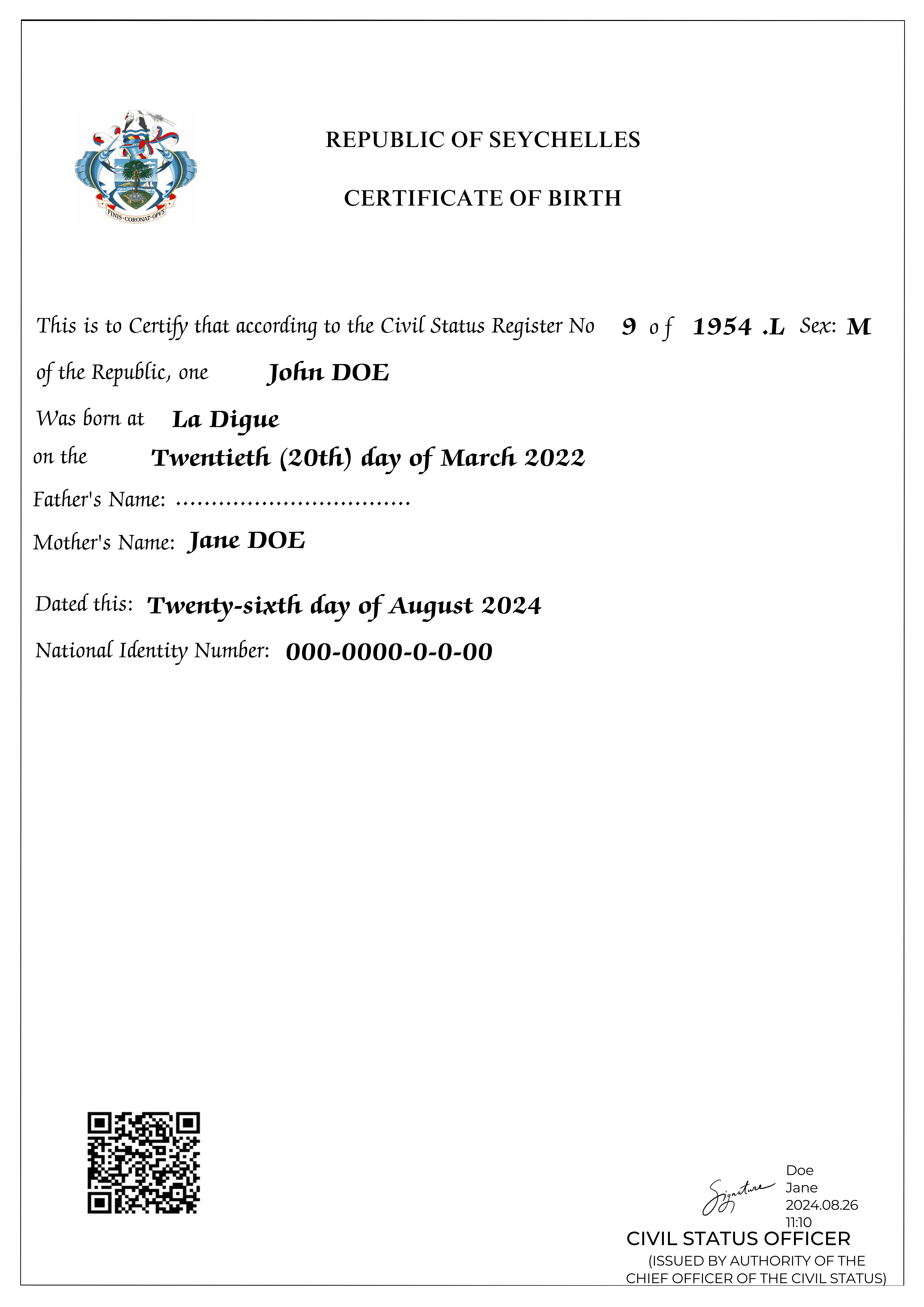 Seychelles Immigration Birth certificate
